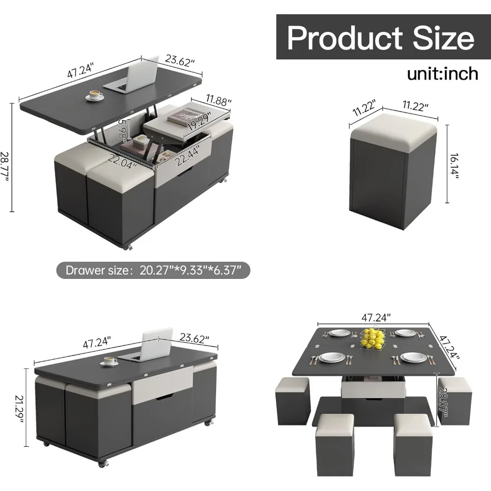 Lift Top Coffee Table with 4 Seats, 3 in 1 Mutifunction Center Table, Coffee Table with Storage Lift Up Pu Stools