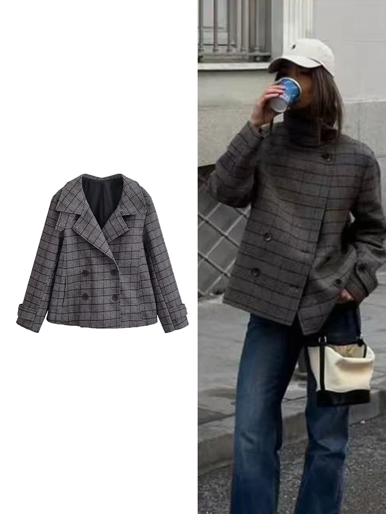 

TFMLN Women Elegant Plaid Jacket Loose Stand Collar Double Breasted Coat 2026 Spring Chic Long Sleeve Outwear Ladies New