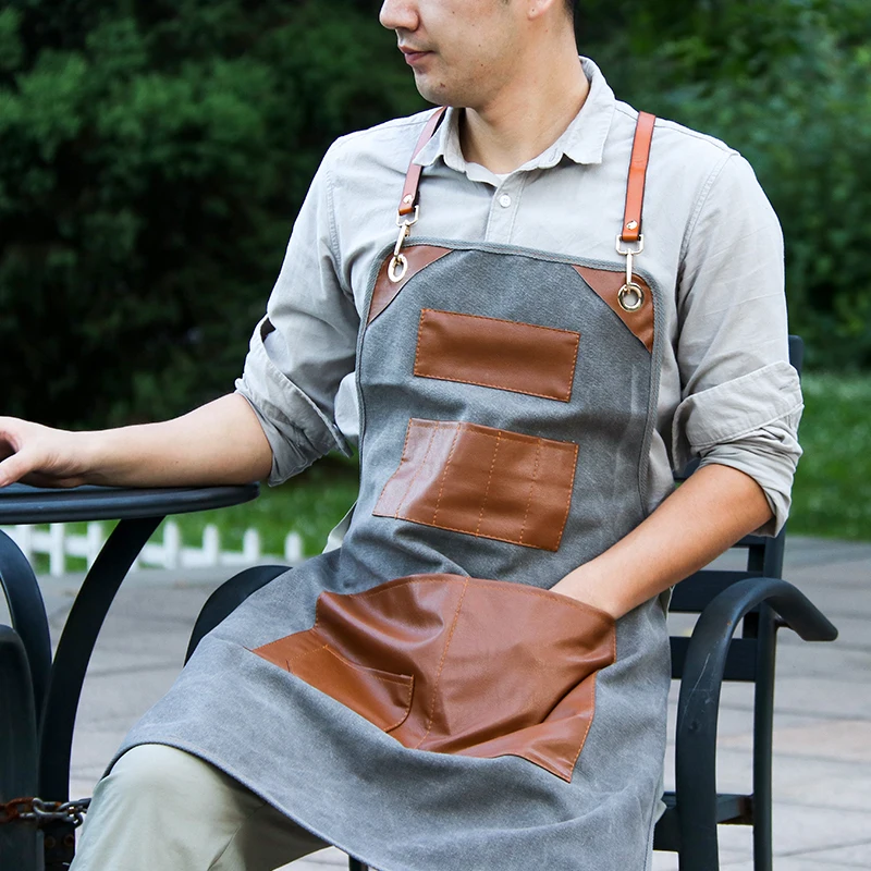 European Restaurant Barber Floral Artist Kitchen Men and Women Overalls Coffee Shop Custom Logo Nail Chef Leather Pockets Apron