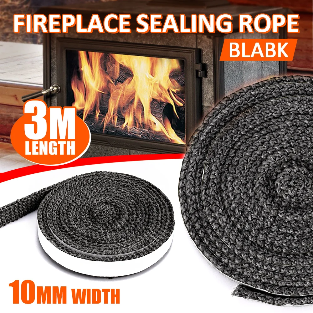 Black Flat Stove Rope Self-Adhesive Fiberglass Fireplace Door Sealing Strip Cord Replacement Gasket Tape 10/15mm Width 2m Length