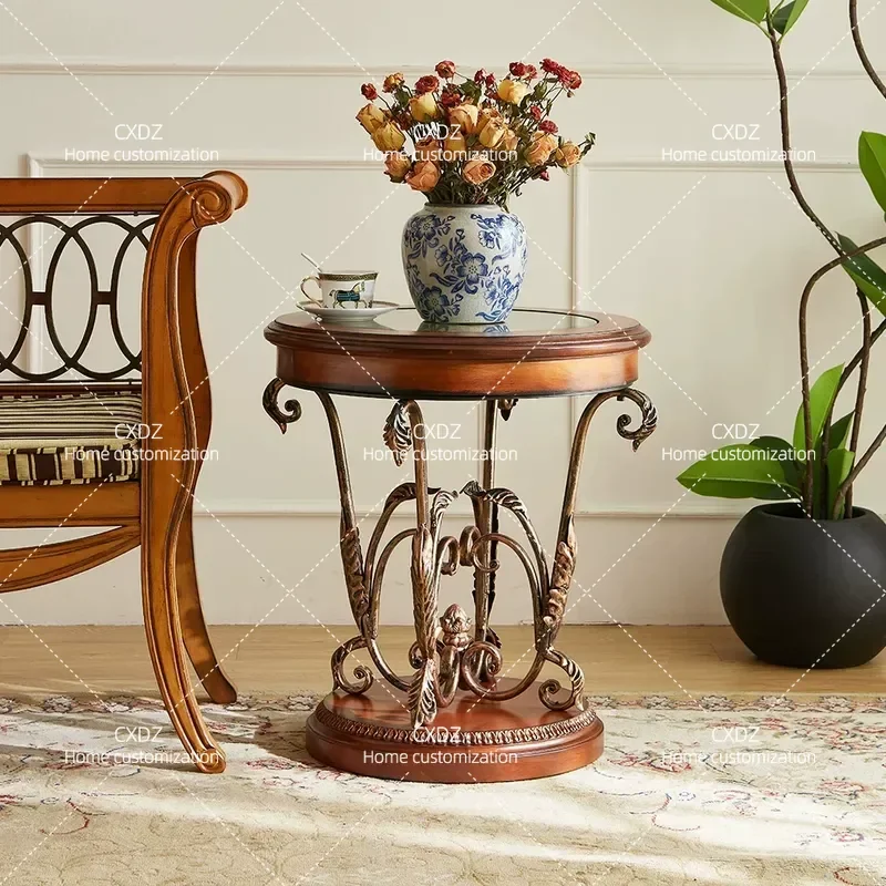 Solid Wood Round Side Table with Wrought Iron Frame and Glass Top Retro Style for Living Room Balcony Corner Simple Metal