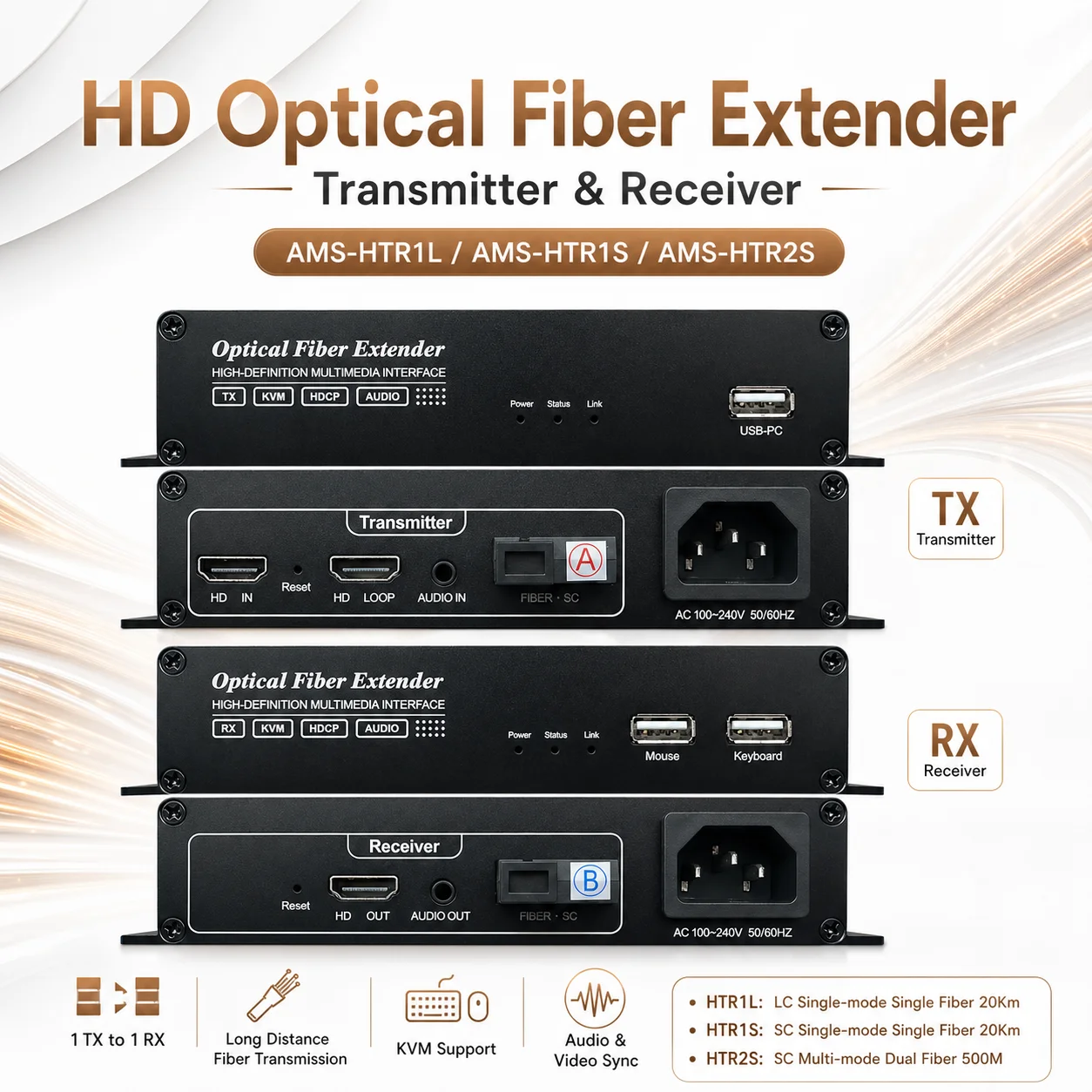 1080P Optical Fiber Extender 1TX 1RX HD Signal with SC LC Port and KVM Plug and Play for Long Distance Transmission