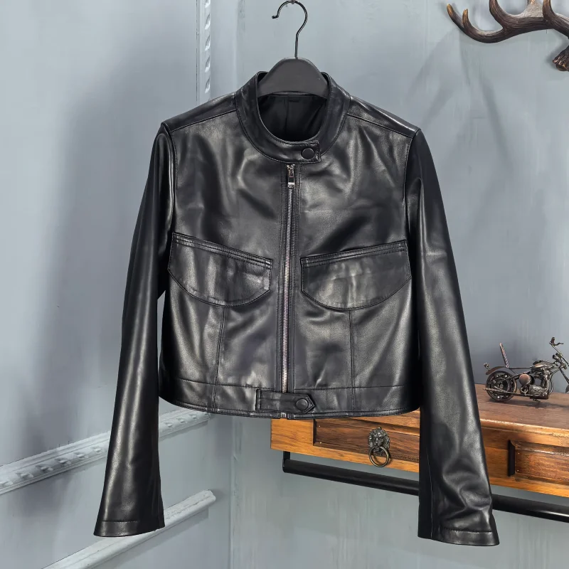 

Весна 2026: Женская кожаная куртка из овчины с молнией, мотоциклетный стиль, приталенная, модный европейский дизайн