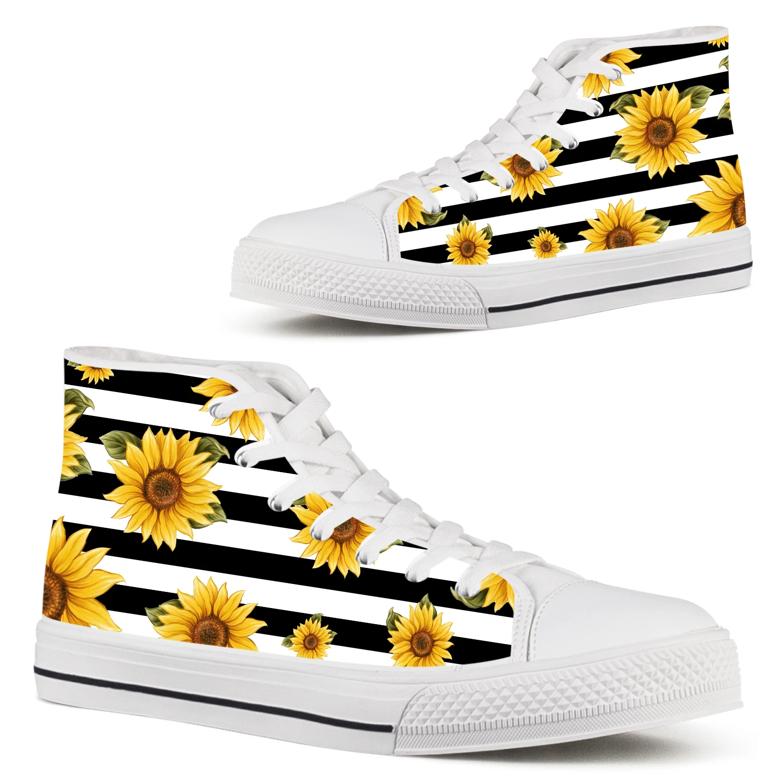

ELVISWORDS Shoes For Ladies Girls Black And White Striped Sunflower High Top Lace Up Classic Canvas Shoes White Soft Sole Shoes