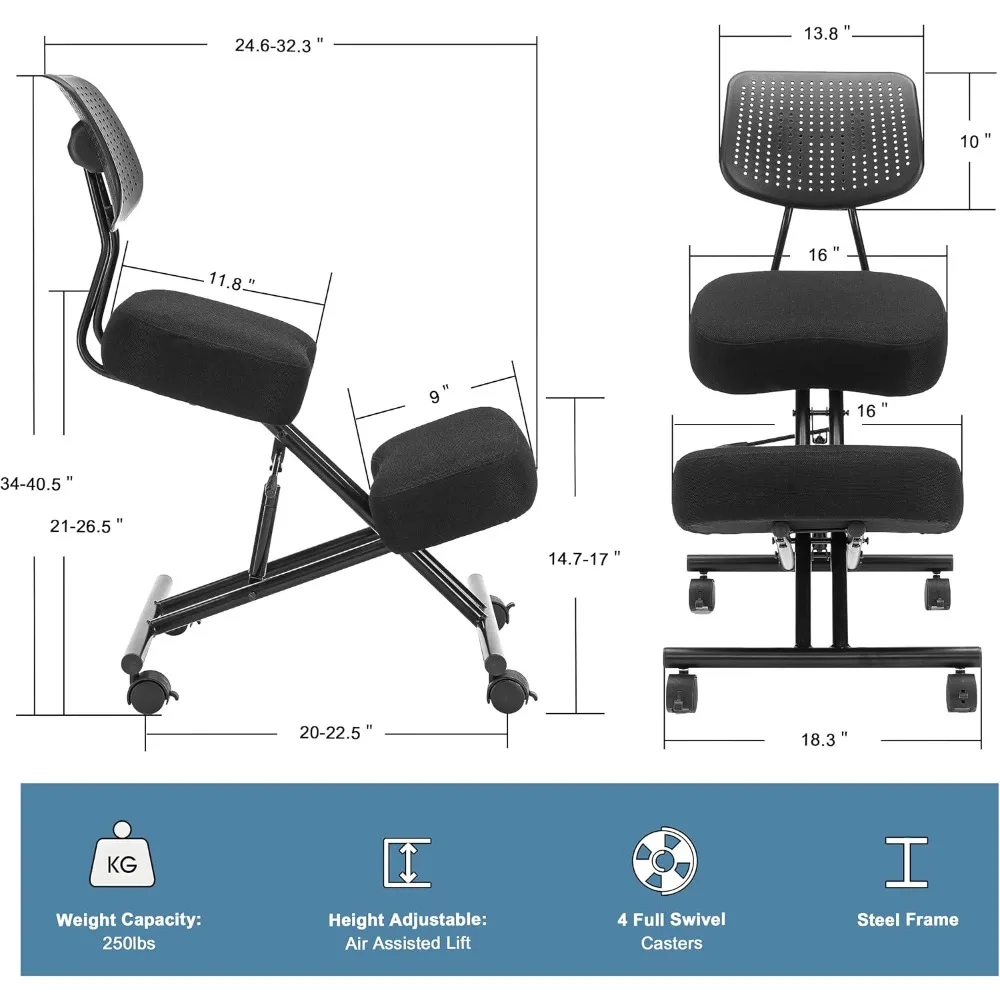 Ergonomic Kneeling Chair with Back Support, Ergonomic Kneeling Tool with Brake and Smooth Gliding Casters, Adjustable Stoo