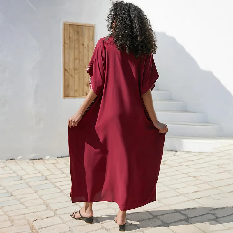 Swimsuit Cover Ups Embroidery V Neck Short Sleeve Swim Cover Up for Women Kaftan Dresses