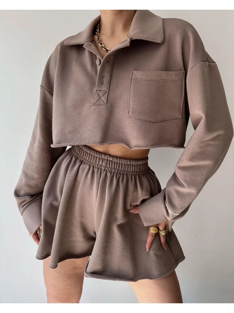 Y2k Streetwear Shorts Set Two-piece Suit Long Sleeve Crop Tops Shorts High Waisted Sweatshirt Student Harajuku Women Clothing