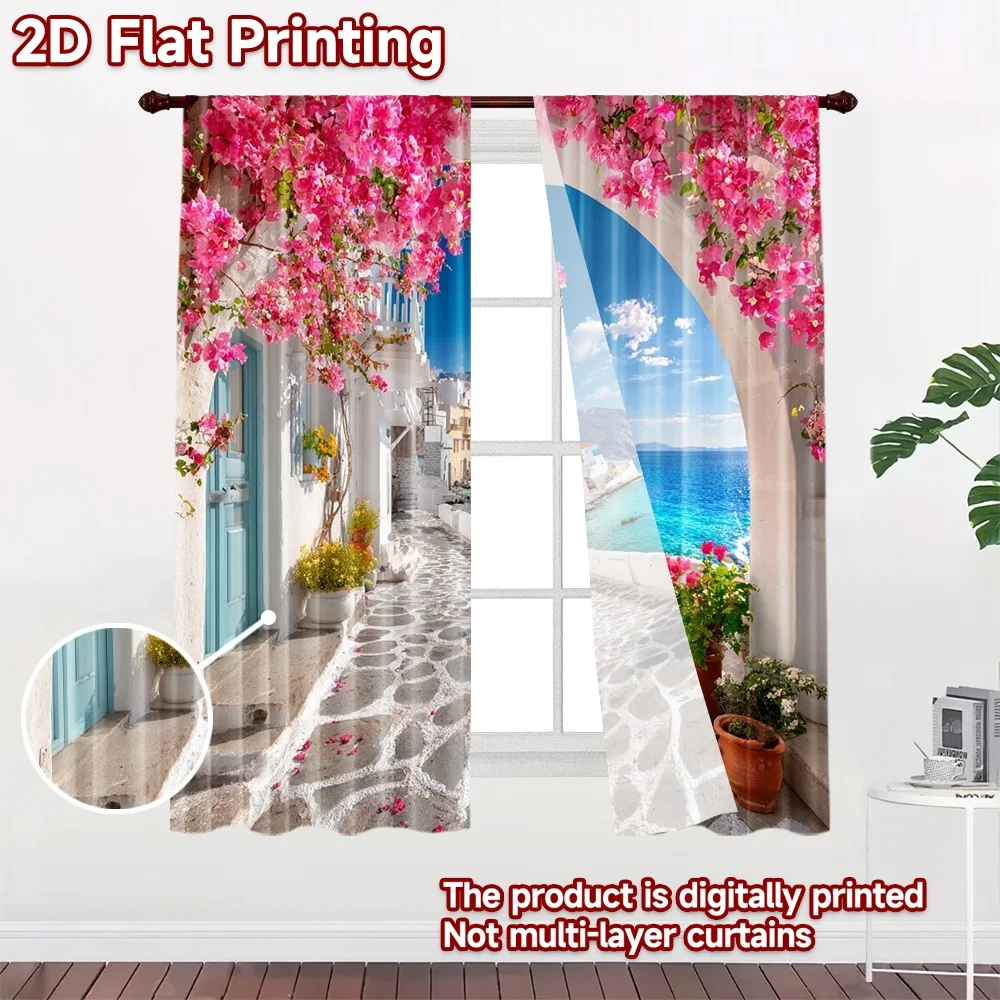 2D flat 2pcs Curtain Retro Country Style Pink Flowers Seaside Arch Durable polyester fiber Birthday Party for Holiday Family