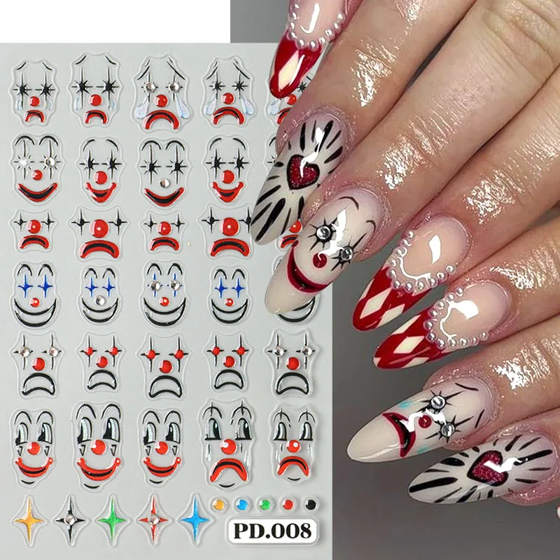 5D تنقش مهرج مسمار الفن ملصقات الكرتون جوكر تصميم مع أحجار الراين هالوين التعبير لاصق الشارات مسمار المورد