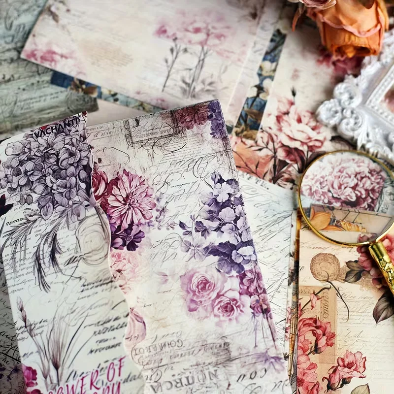 

160-page vintage floral scrapbook paper with flower patterns and handwritten text, without duplicate designs