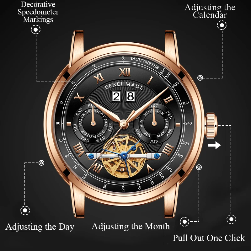 BEXEI 2025 เครื่องกลอัตโนมัติโรมันตัวเลขมัลติฟังก์ชั่นนาฬิกาผู้ชายแซฟไฟร์แสดงวันที่วันในสัปดาห์เดือน