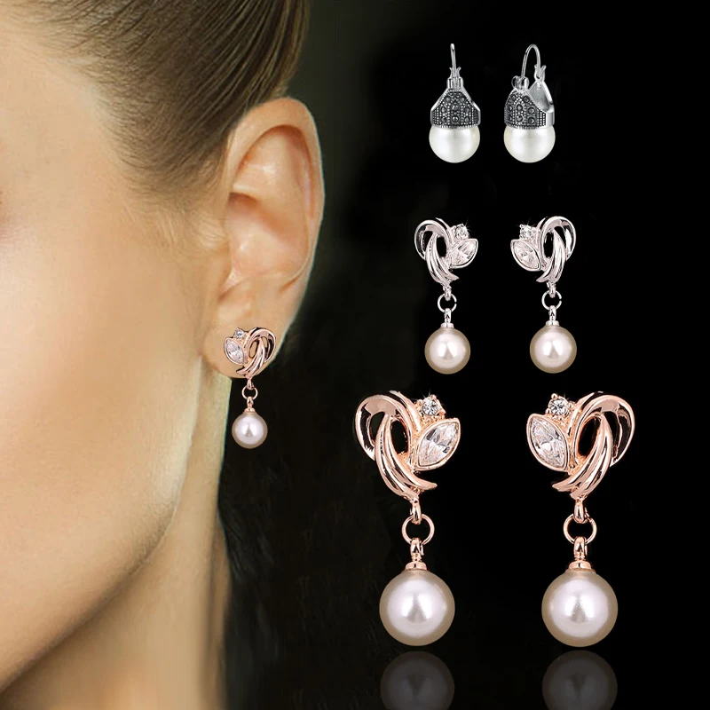 Doppio Fiera di Goccia/Ciondola Gli Orecchini di Modo Cubic Zirconia Oro Rosa/Argento Colore Simulato Branelli Della Perla Dei Monili Per Le Donne