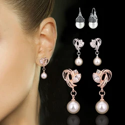 Doppio Fiera di Goccia/Ciondola Gli Orecchini di Modo Cubic Zirconia Oro Rosa/Argento Colore Simulato Branelli Della Perla Dei Monili Per Le Donne DFE166