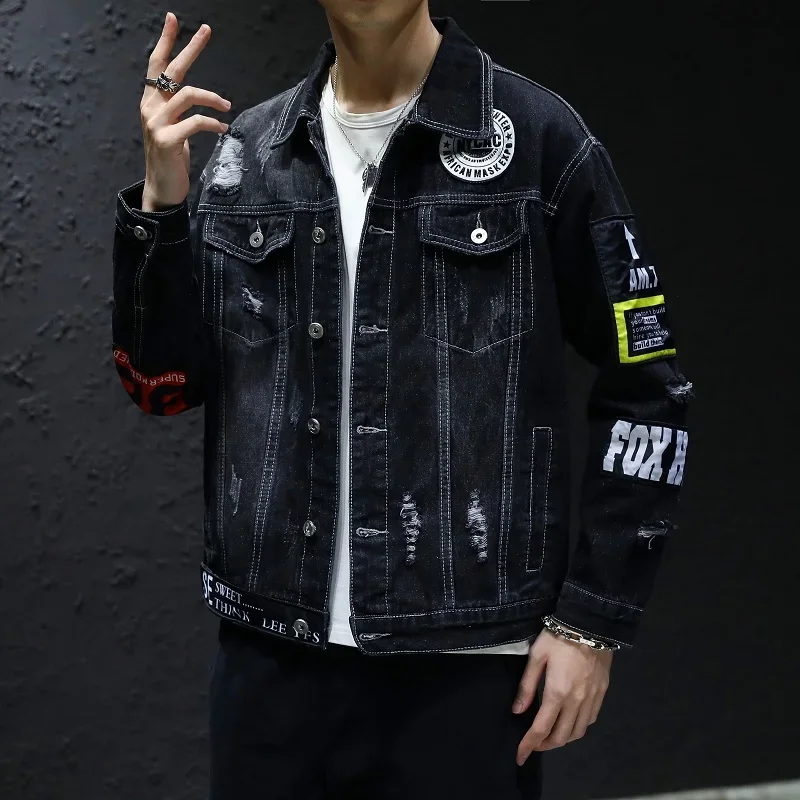 Denim Jacket Men Women Hip Hop Streetwear Punk Motorcycle Ripped Print Cowboy Outwear High Quality Casual Hole Male Jeans Coat