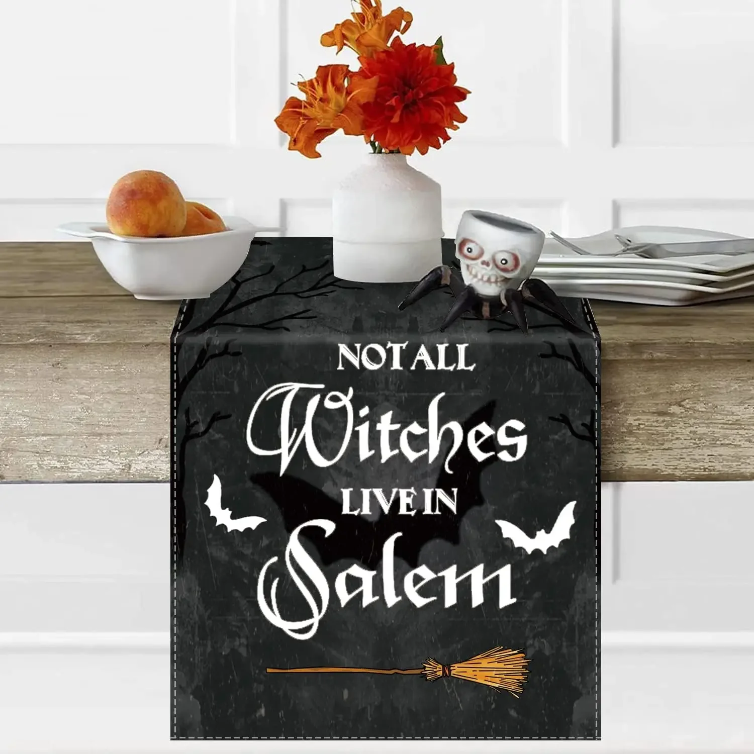 Halloween Bats Broom Not All Witches Live in Salem Holiday Runners Farmhouse Restaurant  Home Kitchen Interiors