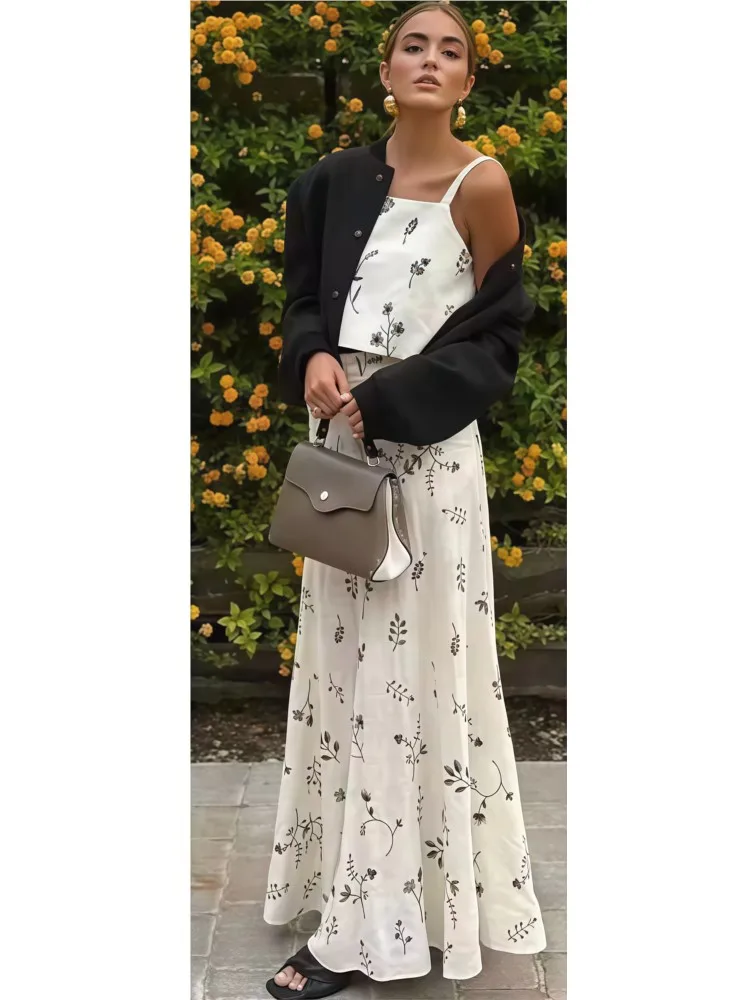 Elegante Zwei Stück Set Frauen Feste Dünne Spaghetti Strap Tops Und Schlanke Lange Maxi Röcke Weibliche Streetwear Passenden Anzug