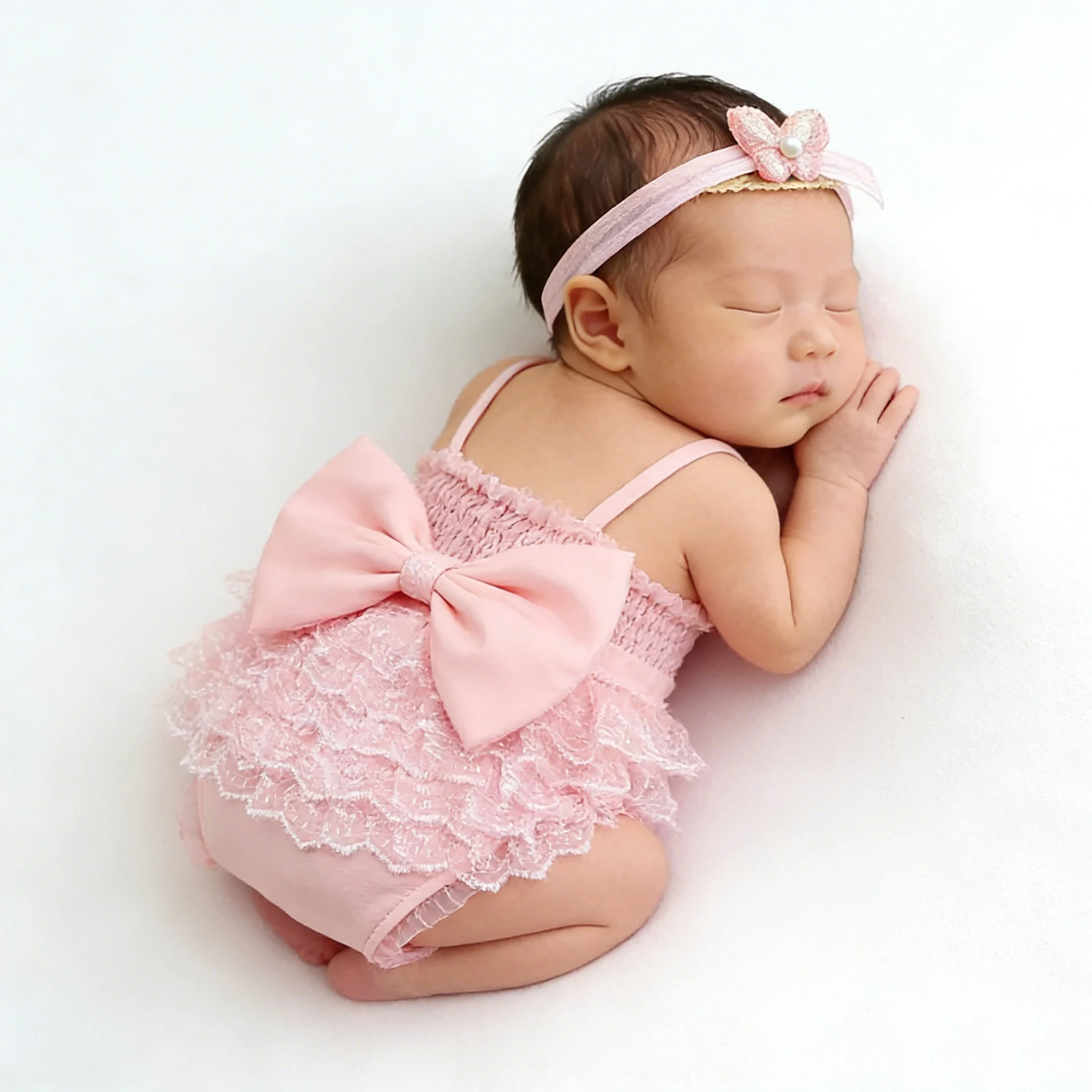 2Pcs Newborn Photography Outfits Big Bowknot Baby Lace Romper with Hairband Blue Suspender Trousers Photo Shooting Overalls