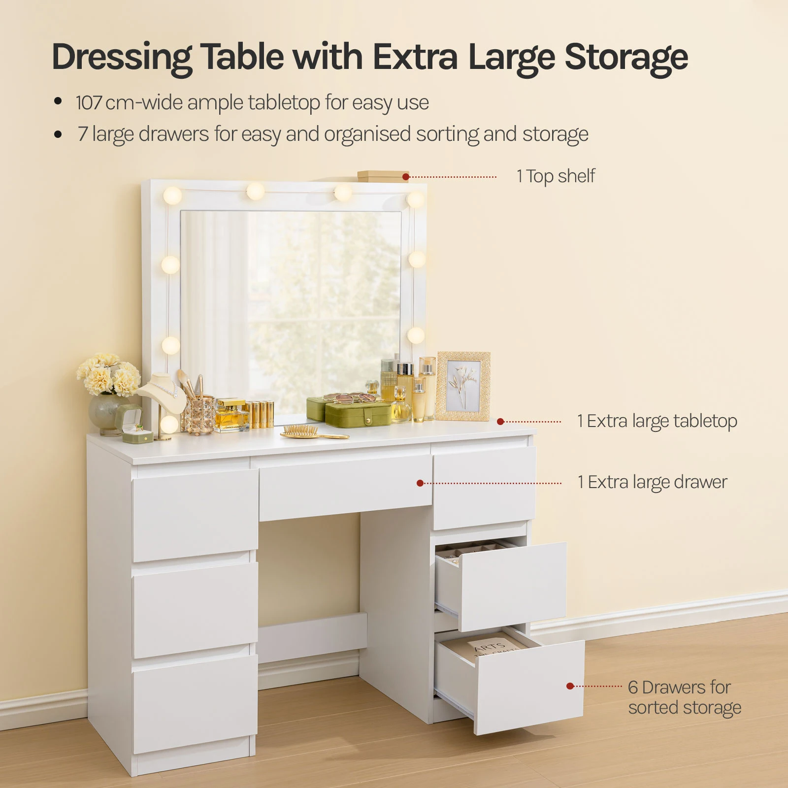 طاولة تزيين WOLTU مع مكتب مكياج بإضاءة LED قابل للتعديل مع 7 أدراج وطاولة زينة بمرآة كبيرة وخزانة غرفة النوم الحديثة