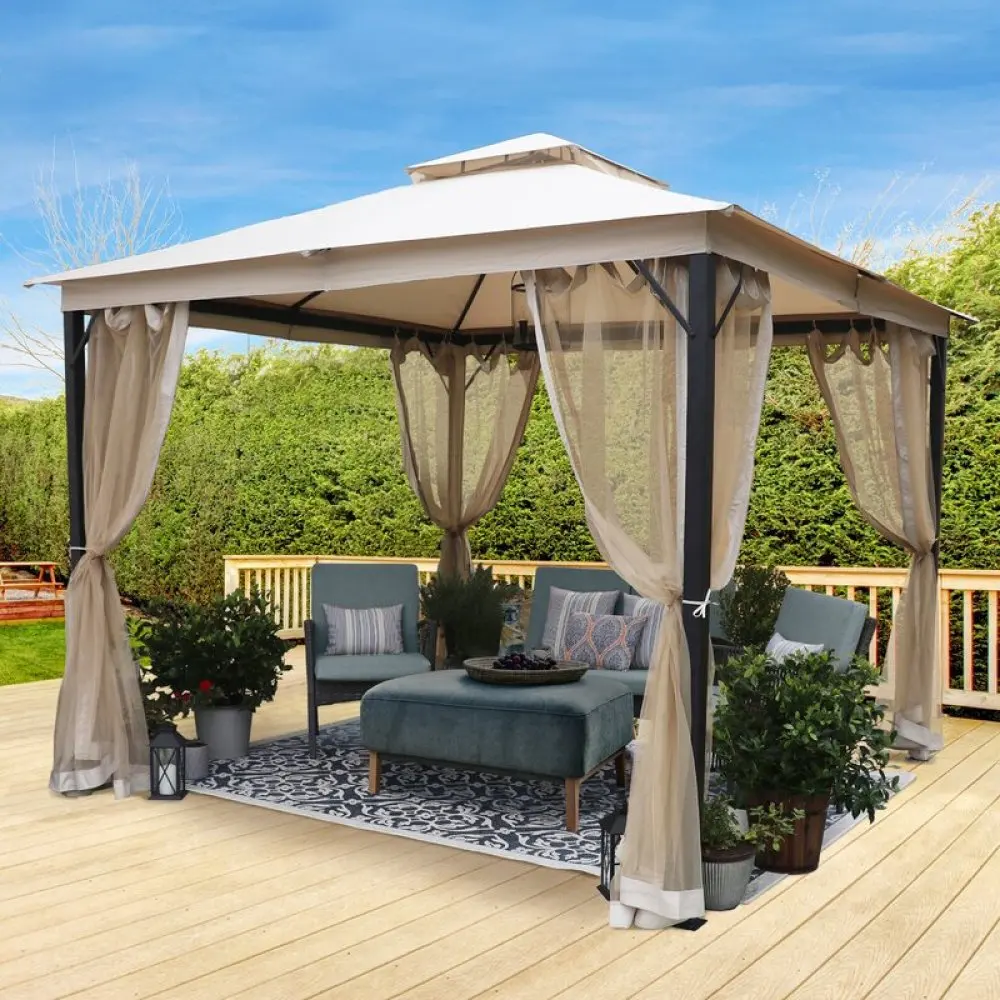 Softtop Metal Gazebo with Mosquito Net&Sunshade Curtains,Sturdy Heavy Duty Double Roof Canopy,Galvanized Steel Design Outdoor