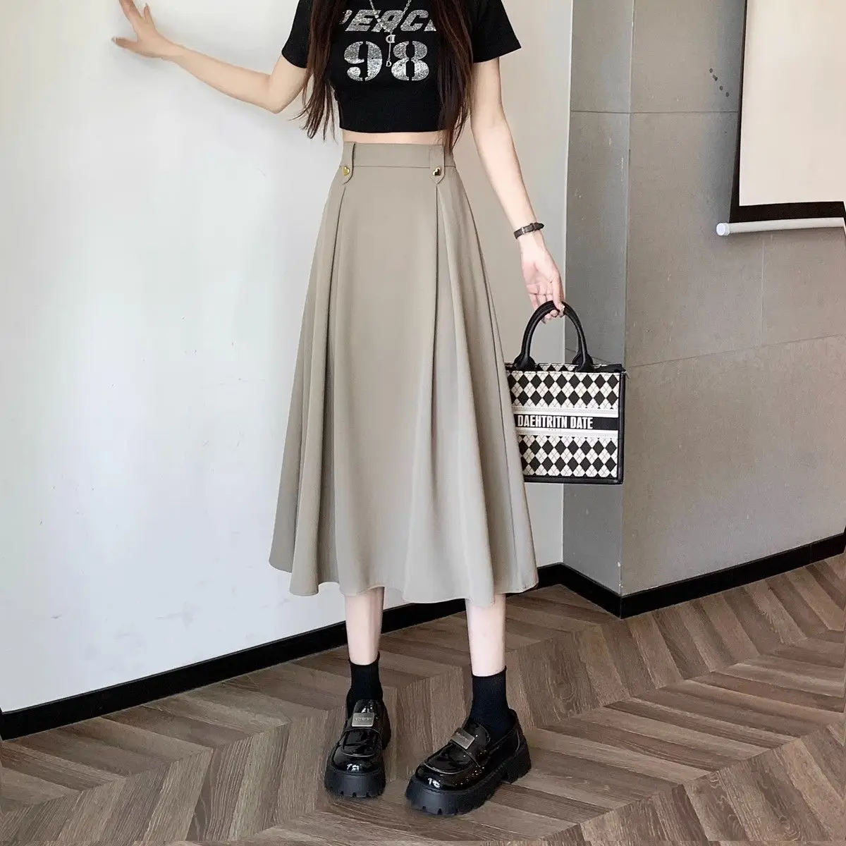 High Waist Black Suit Pleated Half-body Skirt Children's Summer New Petite Draped a Word Cover Crotch Long Skirt