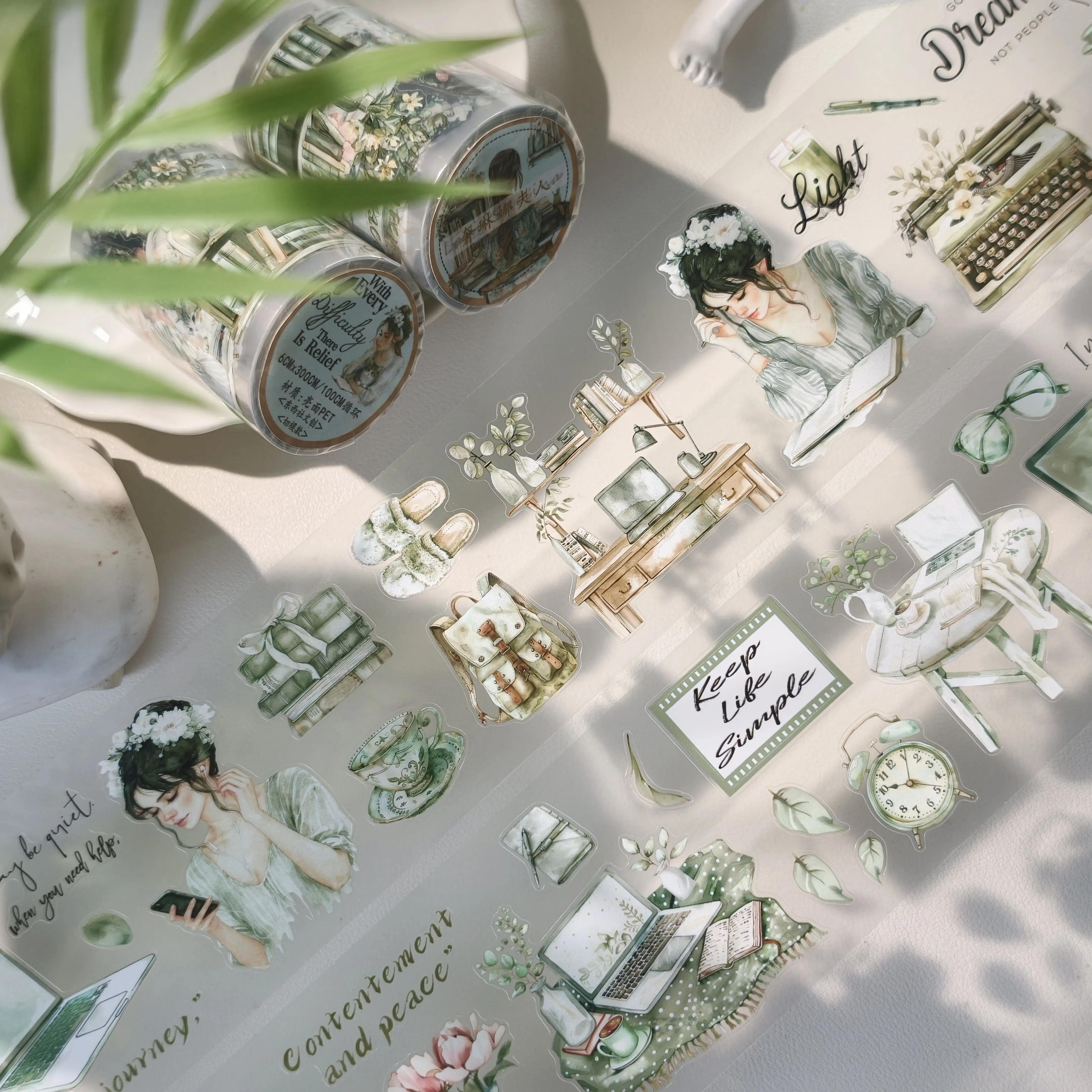 

[Mrs. Shelina] PET Die Cut Notebook Sticker Light Retro Green Study Desk Access