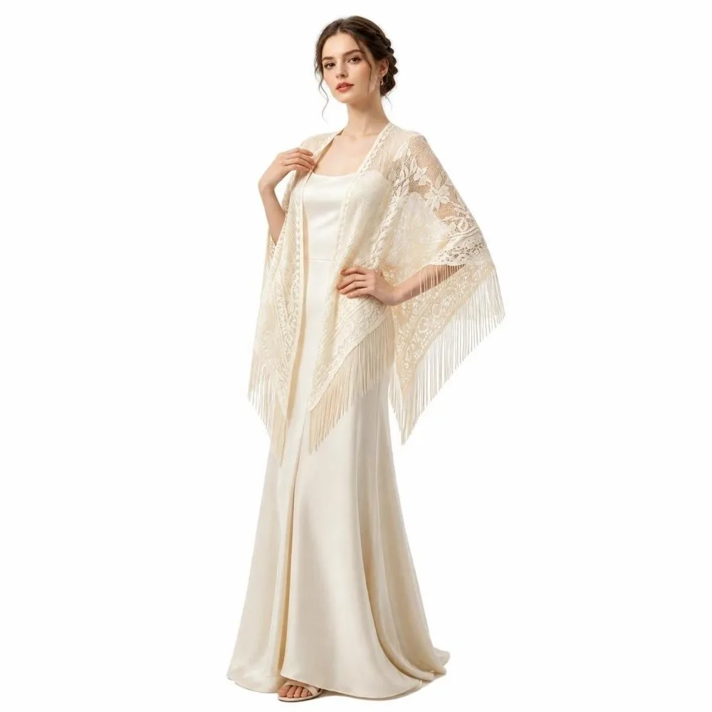 Floral Embroidery Women Lace Scarf With Tassels Lightweight Tulle Evening Prom Cape Transparent Mesh Triangle Shawl Evening Wear