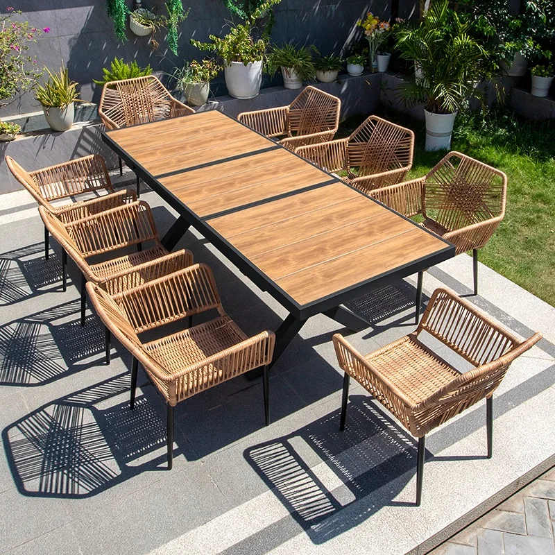 

Luxury WPC outdoor dining table composite wood patio long table and chair 8 people restaurant outdoor furniture set