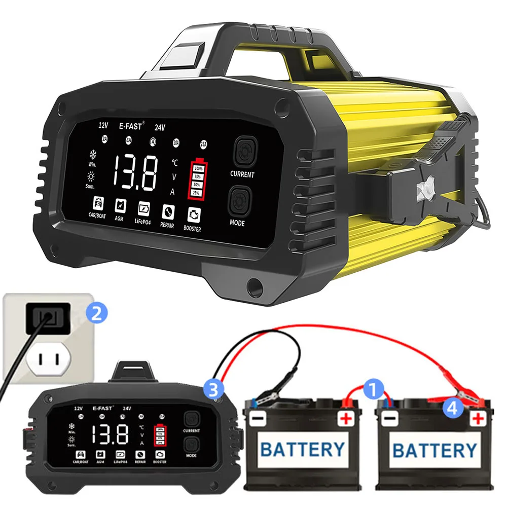 For 12V-24V Motorcycle Lead Acid AGM GEL LiFePo4 Batteries Portable 25A/15A Smart Car Battery Charger Car Booster Pulse Repair