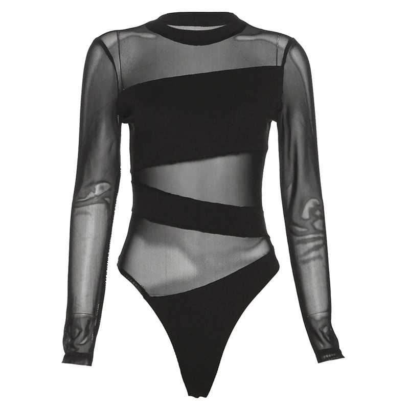Wiosna Lato Nowa Moda Kombinezon z siateczki z długim rękawem Cienki O Neck Diagonal Czarny Urocze body Clubwear — zdjęcie 2