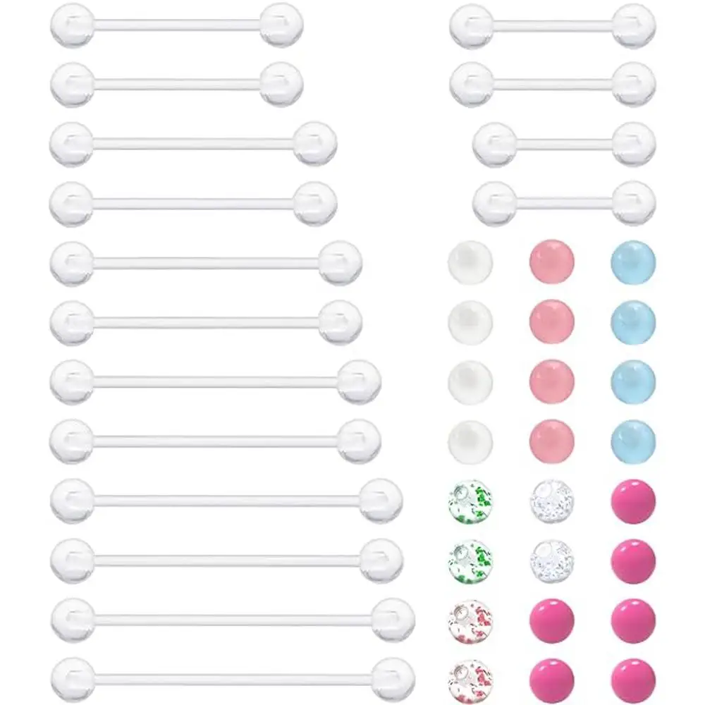 40Pcs Set Surgery Acrylic Clear Industrial Piercing Jewelry 14g Acrylic Tongue Rings Long Bar Pregnancy Nipple Piercings Women
