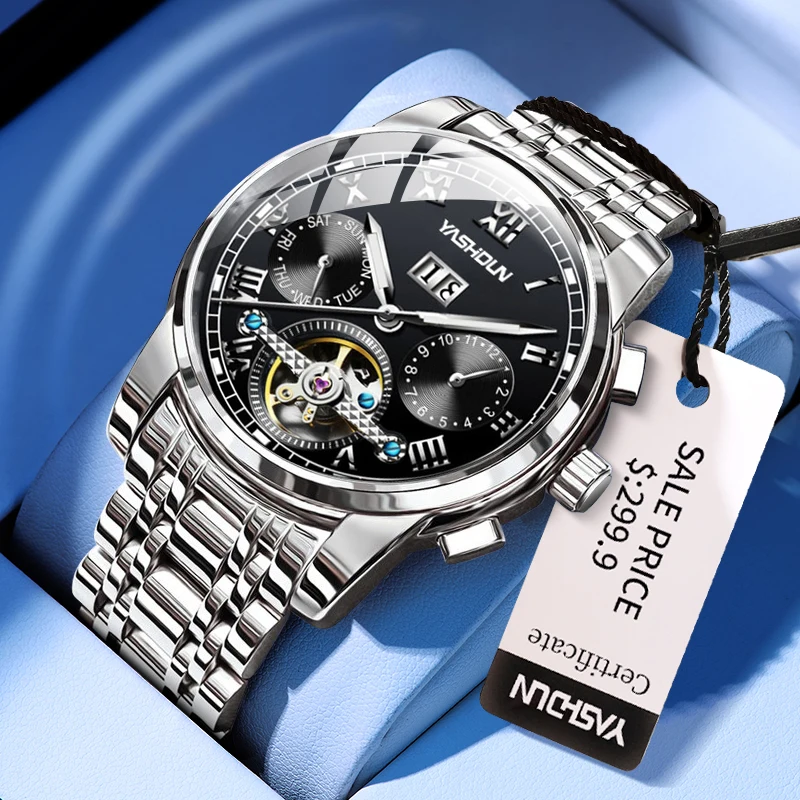 

YASHIDUN автоматические механические часы для мужчин водонепроницаемые светящиеся часы из нержавеющей стали деловые мужские часы скелетон маховик