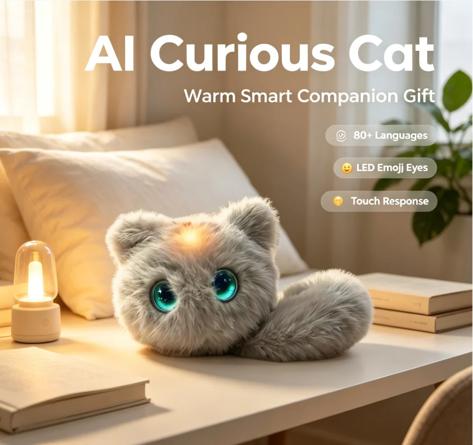 AI Curious Cat Smart Interactive Companion Accessory, 80‑Language Chat, Animated Emoji Eyes, Touch Response, Rechargeable