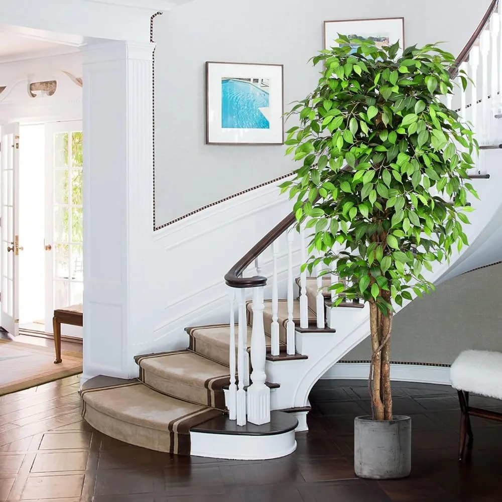 7피트 높이의 자연스러운 인조 무화과 나무, 곡선형 줄기와 풍성한 녹색 잎으로 실내 인테리어에 적합