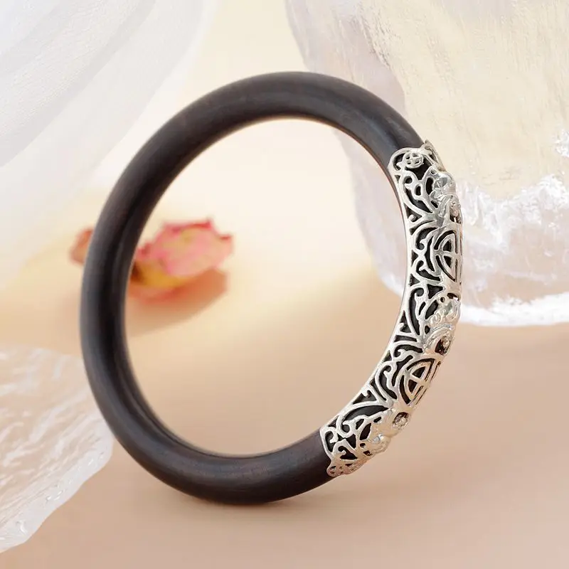 

S925 Sterling Silver Inlaid Natural Ebony Bracelet Chinese Style Lucky Fu Pattern Bangle for Women Daily Wear Ethnic Jewelry