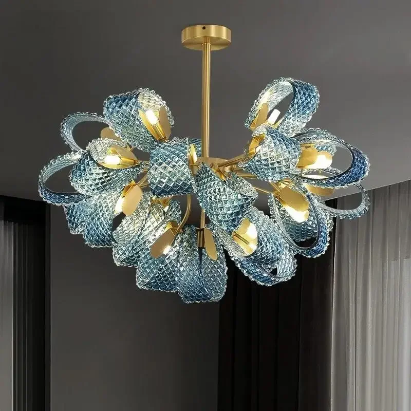 

Modern Blue Glass LED Pendant Lamp Copper Designer Hanging Chandeliers Living Room Bar Bedroom Study Suspension Lights Luminaire