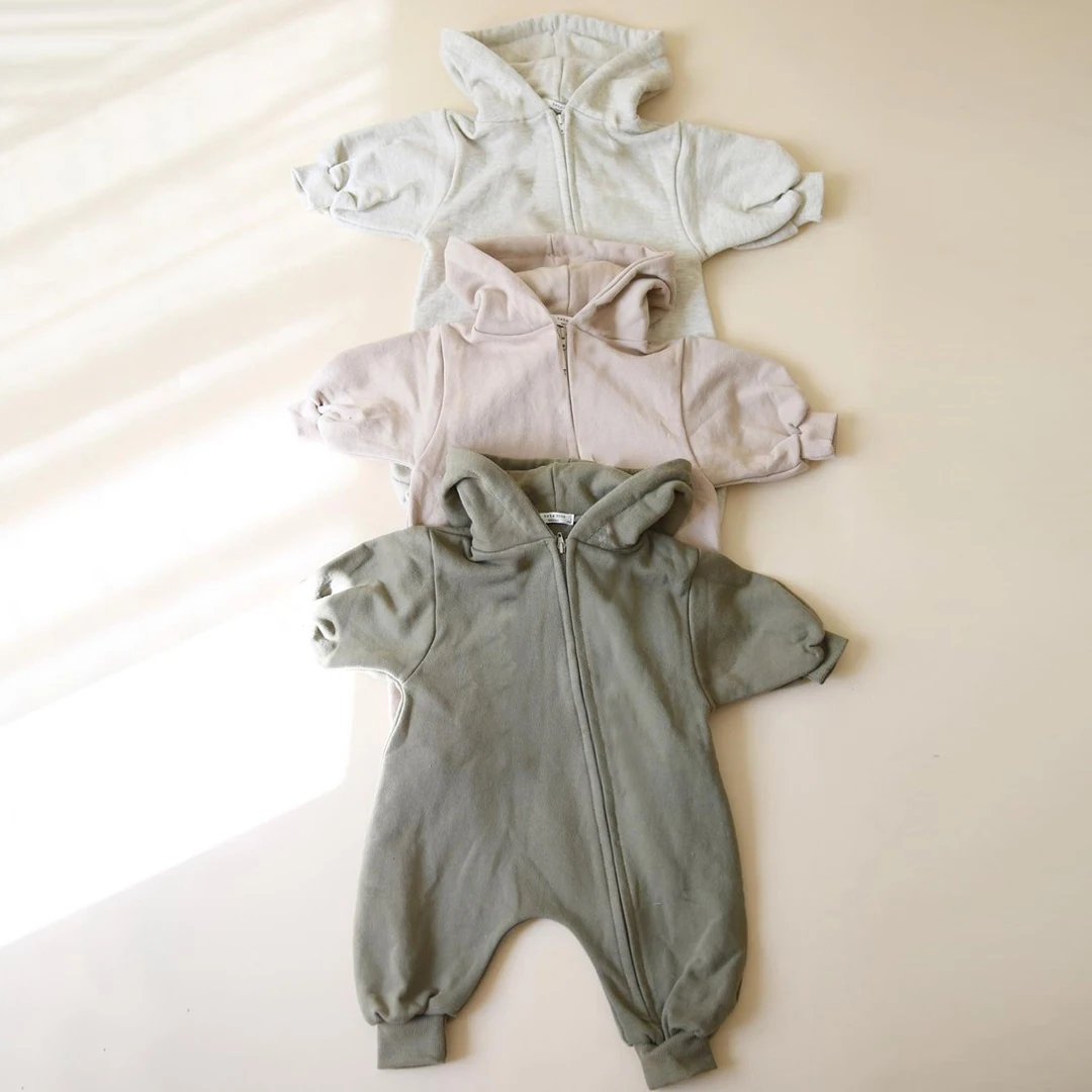 Baby Newborn Jumpsuit Zip-up Clothes 2023 New Boy Comfy Solid Color Hooded Romper with Zipper Infant Girls Crawling Clothing