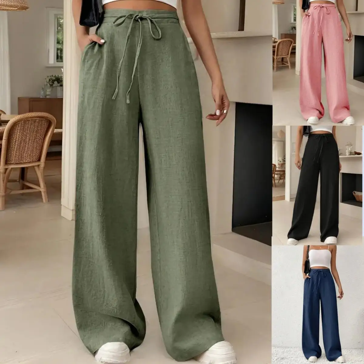 High Waist Slimming Drapey Wide Leg Pants Casual Women's Summer New Style Cross-Border Loose Fit Trousers for Middle-Aged Women