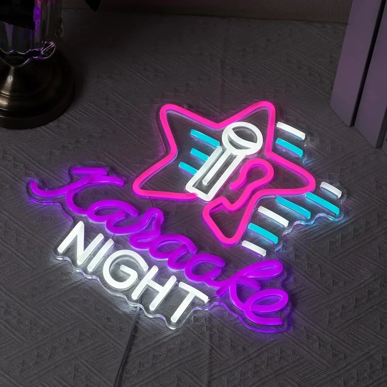 Karaoke Night Neon Sign Microphone Star LED Wall Art USB Powered Glow Lamp Bar Decor Party Music Room Novelty Gift Hanging Light