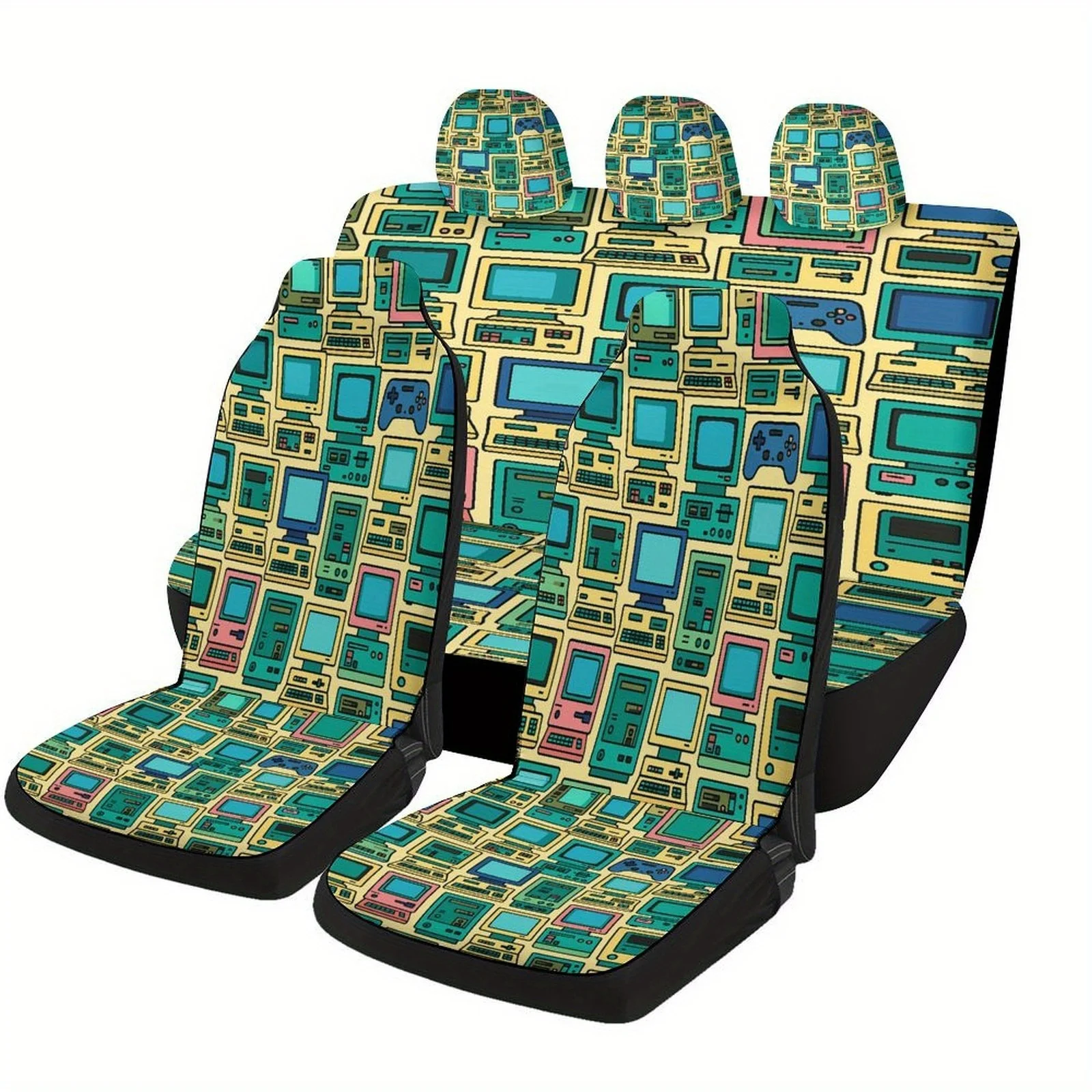 Retro Computer-Themed Car Seat Covers Set For Most Vehicles - Vintage Tech Design (Floppy Disk/CD/Retro Keyboard) Full Set For F