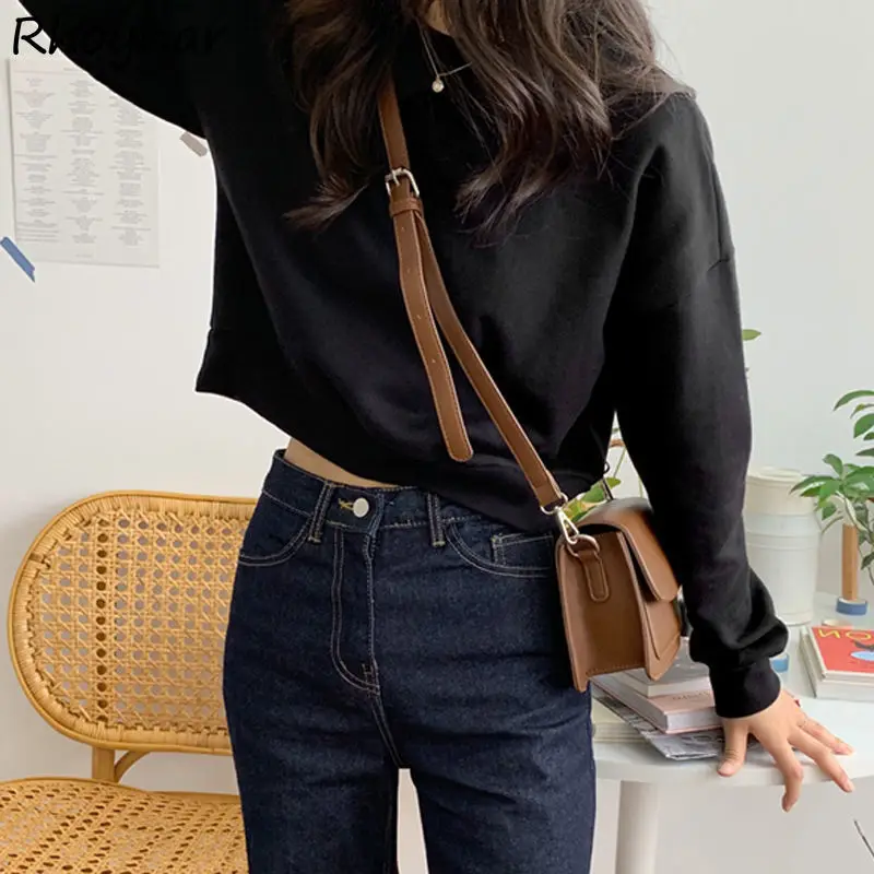 Sweatshirts Women Solid Cropped Basic Simple All-match Casual Korean Style Spring Autumn Teens Femme Clothing Chic New O-neck