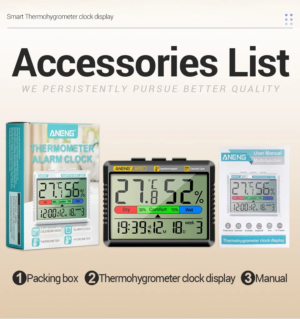 ANENG AP01 LCD Digital-Thermo-Hygrometer, elektronische Innenuhr, Multiszenenmessung, Lufttemperatur-Hygrometer, Testwerkzeuge – Detail 11