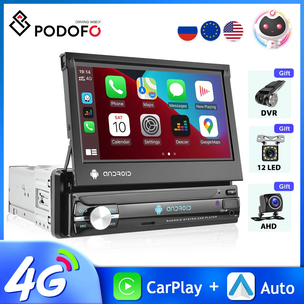 

Podofo 1Din Car Radio 7“ Retractable Screen Multimedia Video Player Autoradio Universal CarPlay Android MP5 Radio for Vehicle