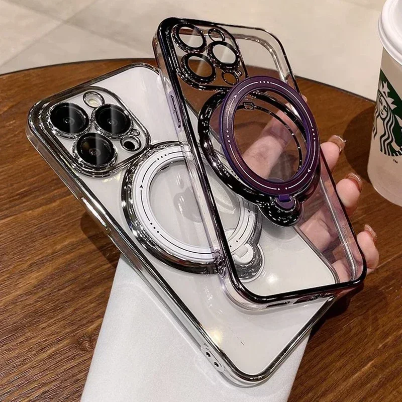 Transparent Luxury Standing Holder Phone Case For iPhone 15 14 13 12 11 Pro Max Plus XR XS Max X For Magsafe Ring Cases Cover