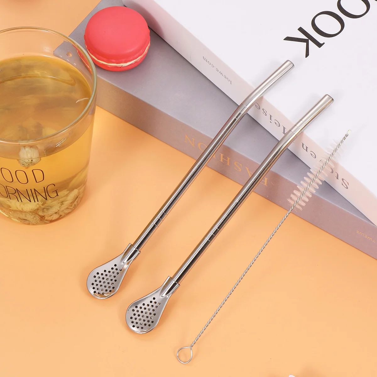 2pc Stainless steel straw spoon milk tea coffee color mixing spoon straw creative filter scoop