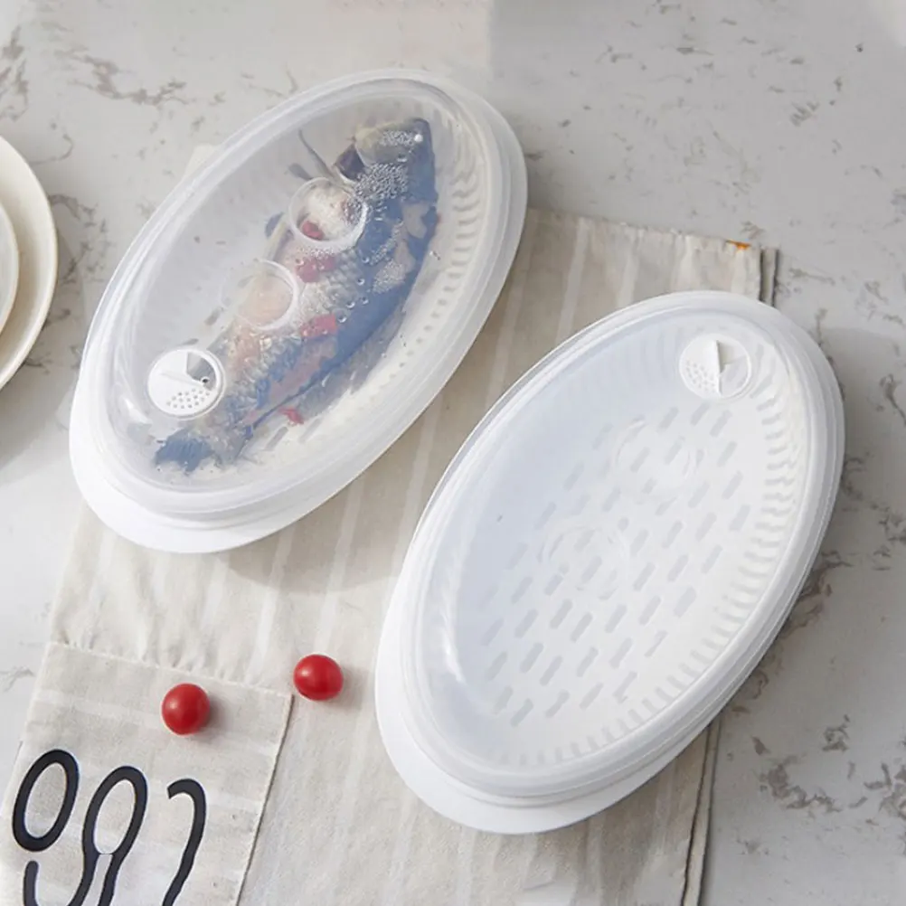 

1Set Microwave Fish Steamer Plate White with Lid Air Vent Safe for Steamed Fish Vegetable Bun Microwave Oven Steamer