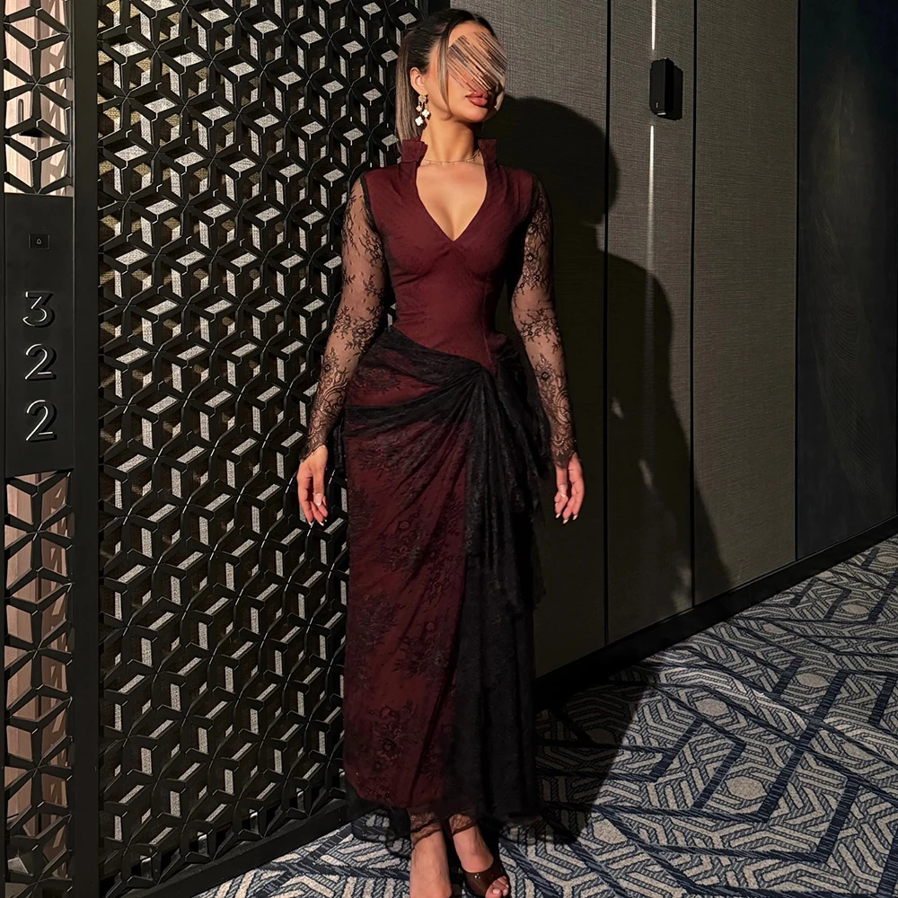 

Customized Burgundy V-neck Straight Evening Dress ILLUSION Lace Full Sleeves Party Dress Sweep Train Ankle Length Prom Gown