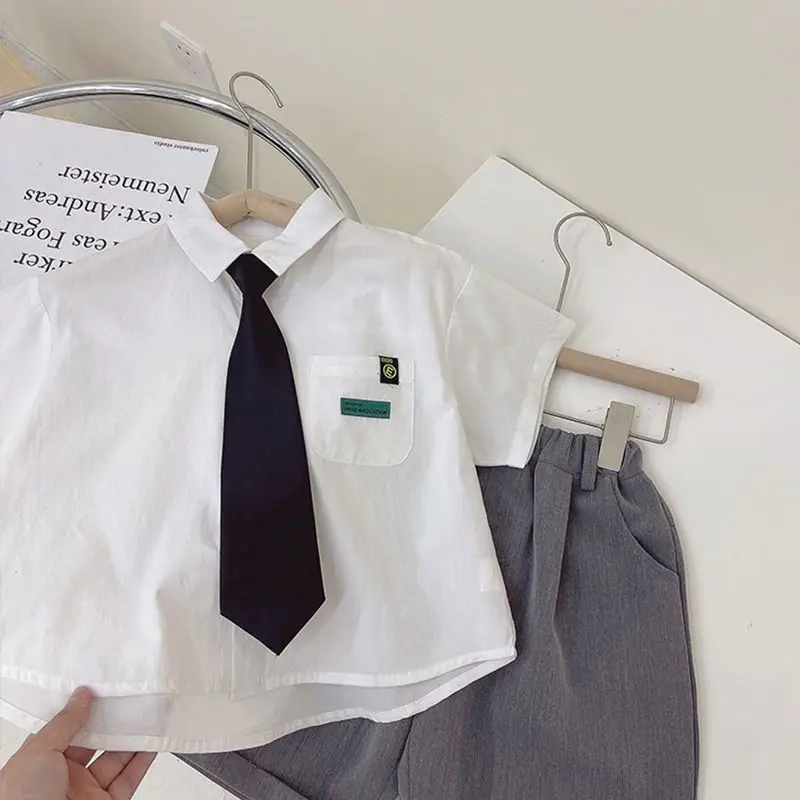 Boys' Summer Dress Set 2026 New Style Tie Handsome Korean Edition Casual Campus Style Two Piece Set Trendy