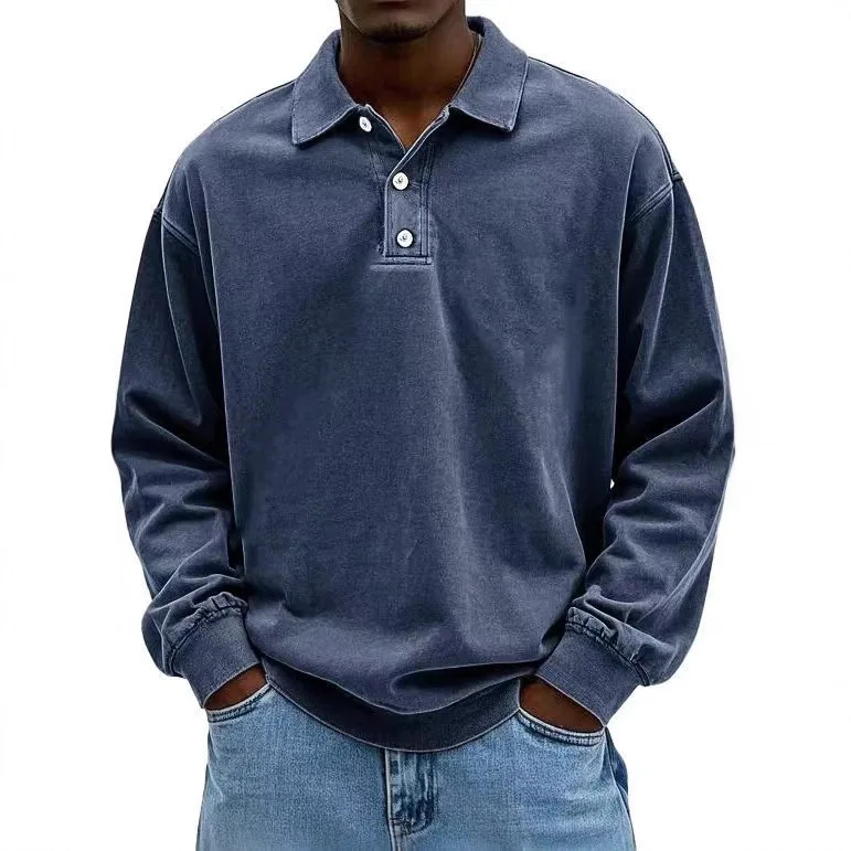 Polo oversize vintage primaverili da uomo T-shirt casual da lavoro a maniche lunghe tinta unita Top eleganti con risvolto tinta unita