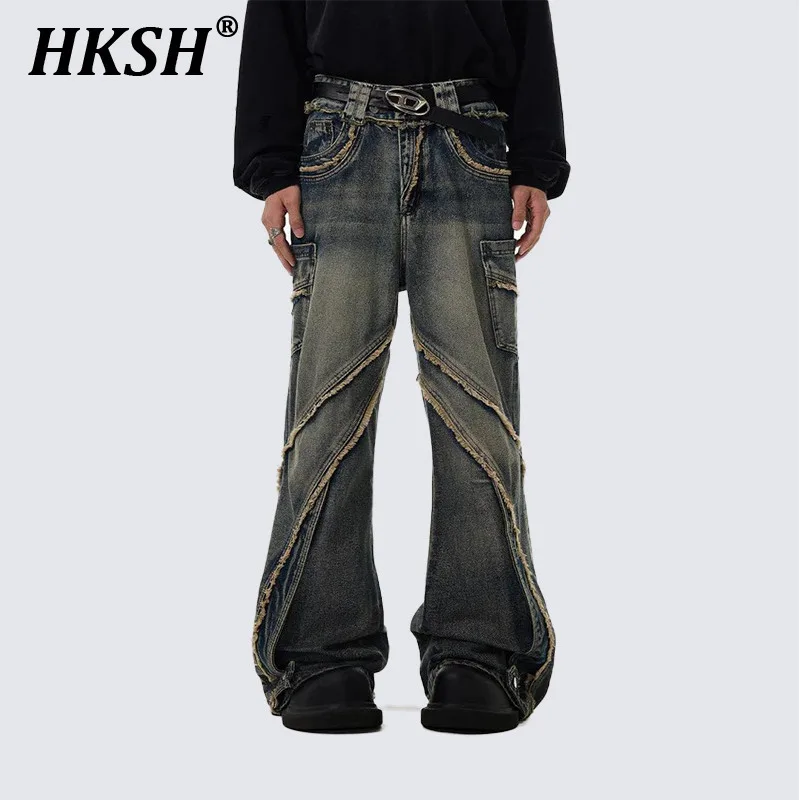 

HKSH Autumn Winter New Men Tide Niche Distressed High Street Vintage Jeans Washed Frayed Chic Casual Wide Leg Denim Pants HK6228