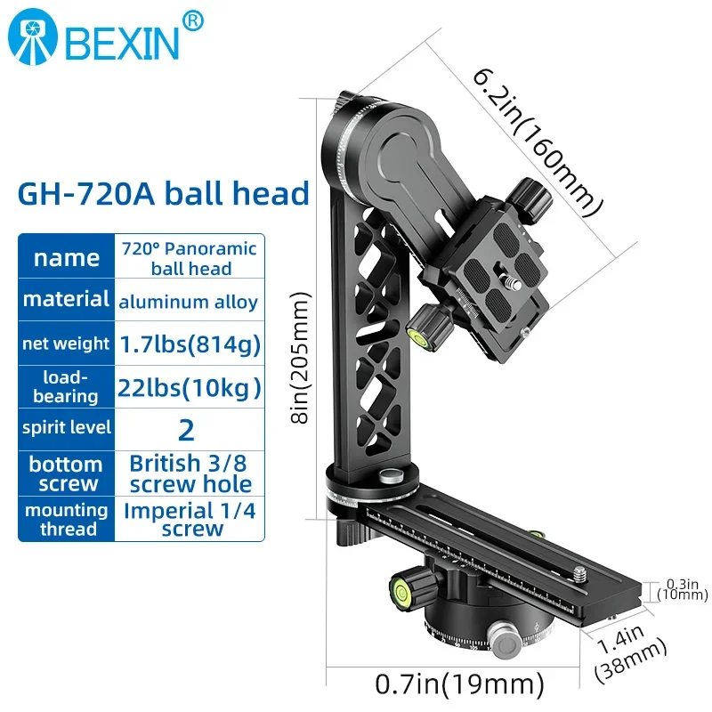 Profession Aluminum 720 Panoramic Ball Head 20KG Load Bearing Gimbal Tripod Ball Head for Canon Digital DSLR Camera